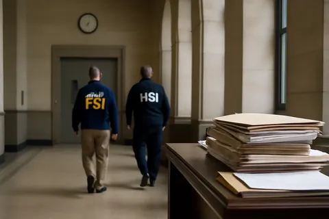 Grounded editorial scene illustrating The FBI reportedly shifts assault investigations on immigration agents to Homeland Security Investigations, while DHS denies claims of changes in FBI involvement, sparking a public dispute with The New York Times.