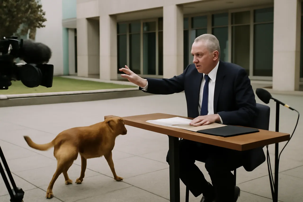 Grounded editorial scene illustrating During a live interview on ABC, former deputy prime minister Barnaby Joyce was distracted by a misbehaving dog, prompting him to bark 'Sit down!' on air.