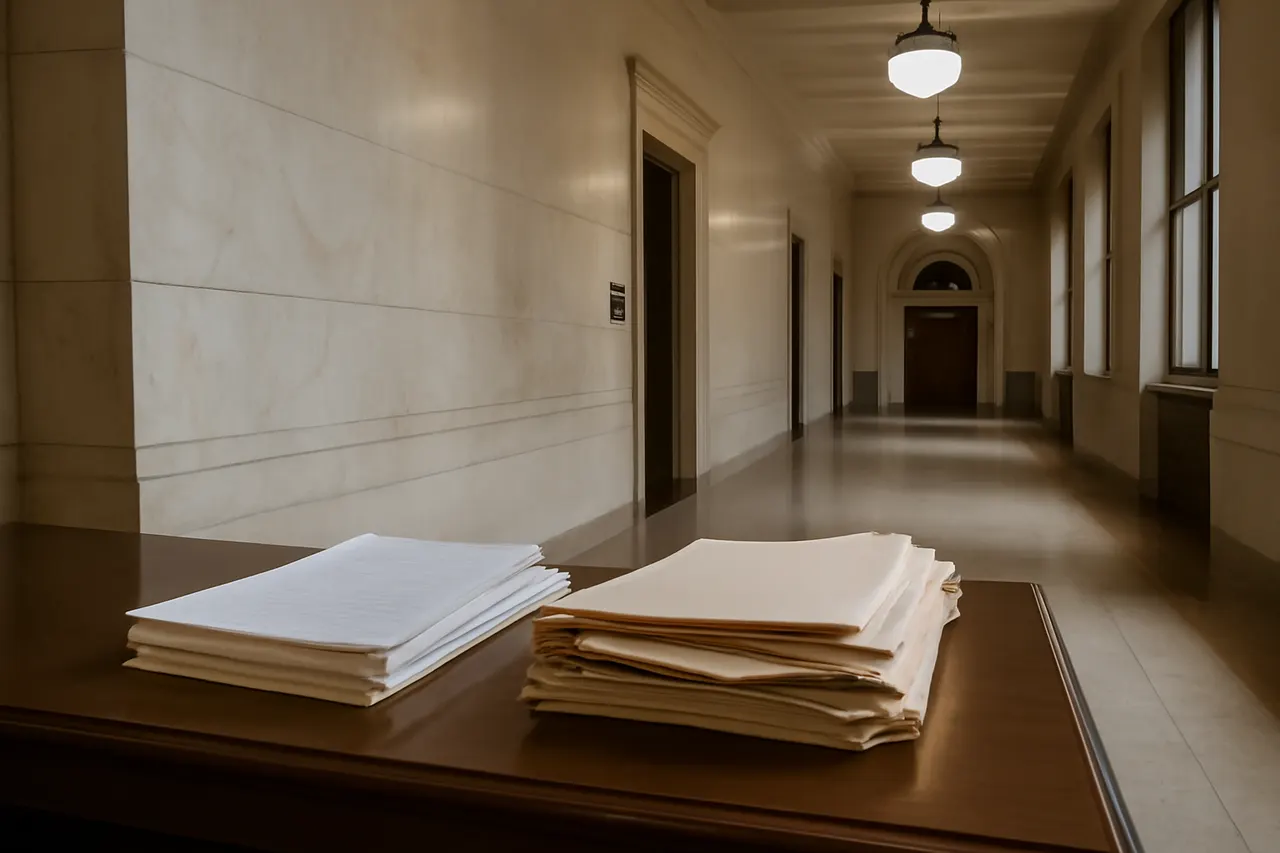 Quiet courthouse or legal-work setting with documents and civic architecture.