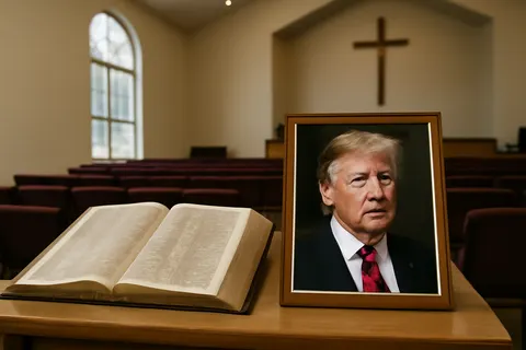 Grounded editorial scene illustrating A recent study finds that 60% of white evangelical Christians believe Donald Trump has advanced Christian principles in the US, despite doubts about his personal devotion.