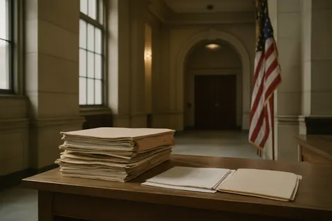 Quiet courthouse or legal-work setting with documents and civic architecture.