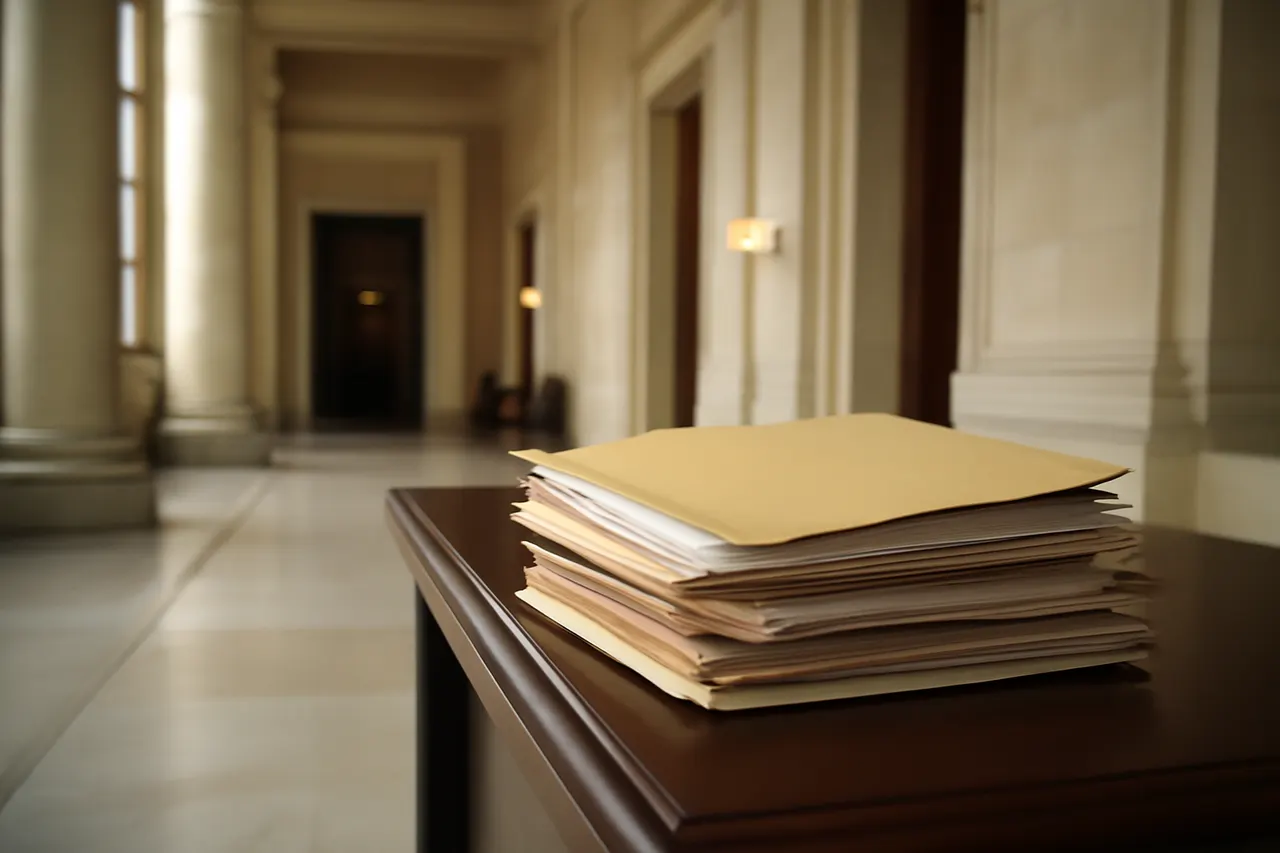 Quiet courthouse or legal-work setting with documents and civic architecture.