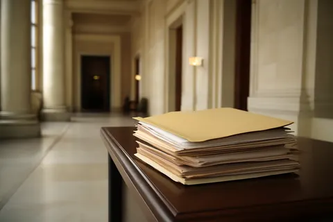 Quiet courthouse or legal-work setting with documents and civic architecture.