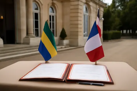 Grounded editorial scene illustrating Gabonese President Brice Oligui Nguema and French President Emmanuel Macron formalize cooperation with three strategic agreements, including a key manganese processing deal.