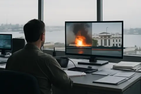 Grounded editorial scene illustrating The United States continued attacks on Iran for a tenth consecutive night, while Iran retaliated with strikes on US military assets and reported fires on tankers in the strategic Strait of Hormuz.