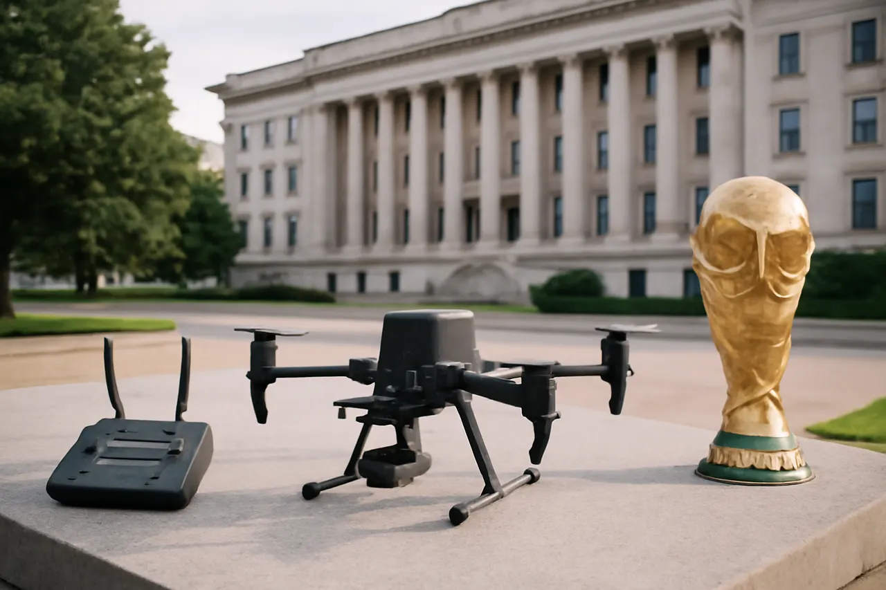 Grounded editorial scene illustrating Homeland Security Secretary Markwayne Mullin revealed extensive drone interception efforts, including pre-flight takedowns and concerns over perimeter probing during the tournament.