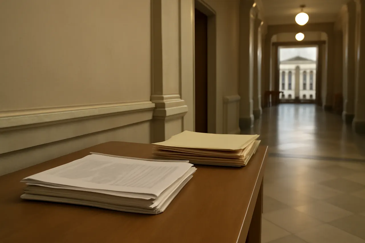 Quiet courthouse or legal-work setting with documents and civic architecture.