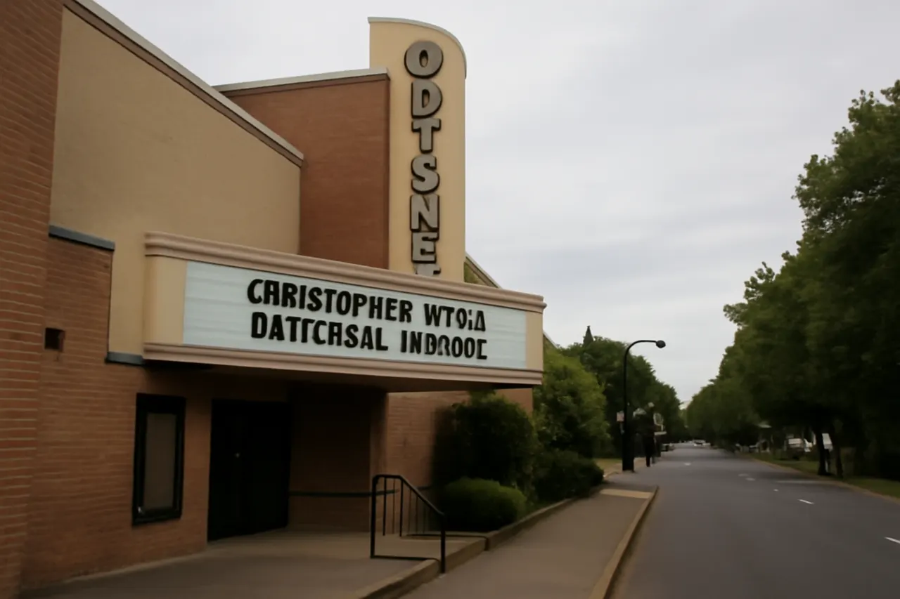 Grounded editorial scene illustrating A Lake Oswego theater's marquee promoting Christopher Nolan's 'The Odyssey' drew criticism for a message deemed historically inaccurate and antisemitic by some community members.