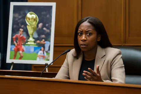 Grounded editorial scene illustrating Following Spain's extra-time victory over Argentina in the 2026 FIFA World Cup final, FIFA has launched an investigation into a post-match brawl. Meanwhile, Texas Representative Jasmine Crockett sparked controversy by linking the event to broader issues of racism during a House hearing.
