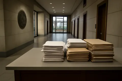 Quiet courthouse or legal-work setting with documents and civic architecture.