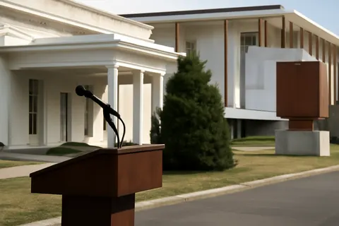 Grounded editorial scene illustrating On his podcast, Bill Maher downplayed concerns about Donald Trump’s personality, highlighting their 2025 White House dinner and the Kennedy Center controversy as examples.