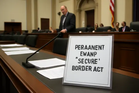 Grounded editorial scene illustrating The Permanent Trump Secure Border Act aims to criminalize visa overstays, end catch and release, and tighten asylum rules as it moves to the House floor.