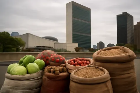 Grounded editorial scene illustrating The latest UN report shows a decrease in global hunger in 2025, yet warns that food insecurity remains widespread and progress toward ending hunger by 2030 is fragile and uneven across regions.