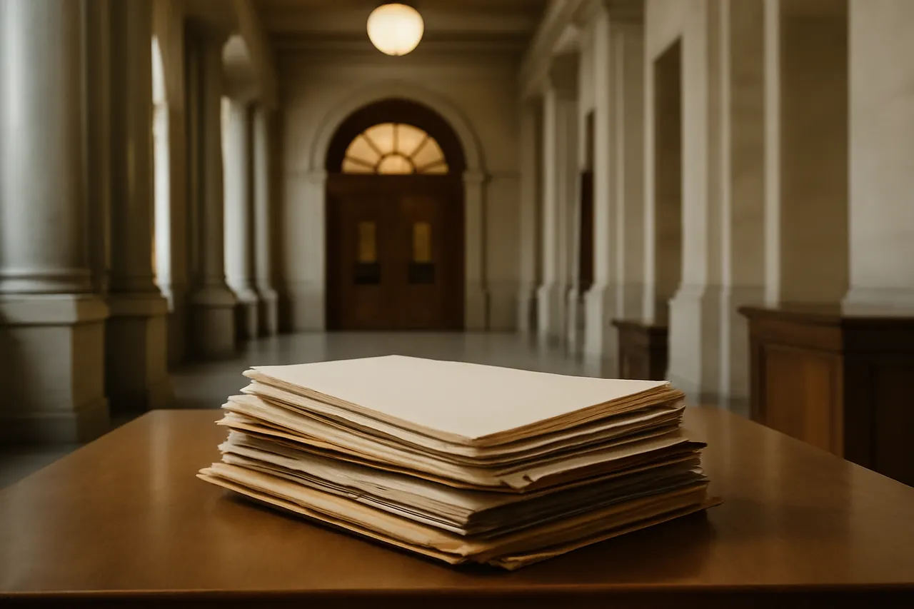 Quiet courthouse or legal-work setting with documents and civic architecture.