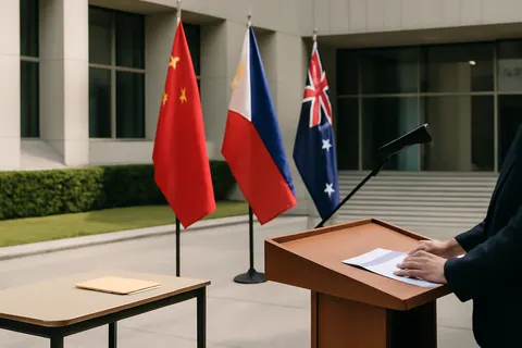 Grounded editorial scene illustrating Australian Foreign Minister Penny Wong criticizes Beijing's missile launch and announces support for the Philippine Coast Guard amid regional tensions.