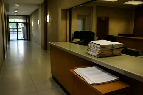Quiet courthouse or legal-work setting with documents and civic architecture.