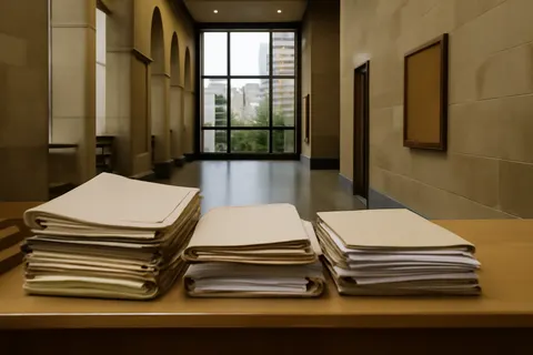 Quiet courthouse or legal-work setting with documents and civic architecture.