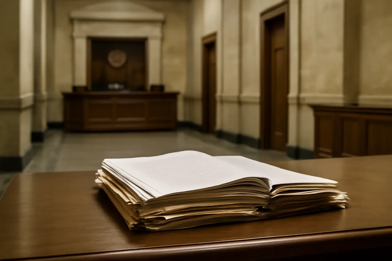 Quiet courthouse or legal-work setting with documents and civic architecture.