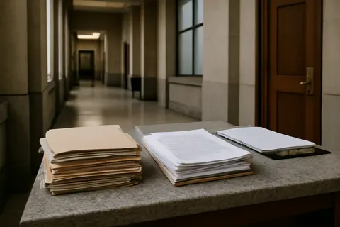 Quiet courthouse or legal-work setting with documents and civic architecture.