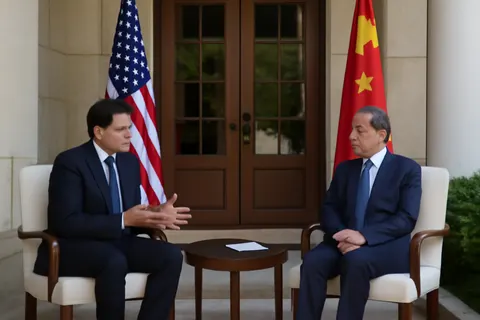 Grounded editorial scene illustrating US Secretary of State Marco Rubio met Chinese Foreign Minister Wang Yi in Manila to prepare for President Xi Jinping’s upcoming visit to Washington in September.