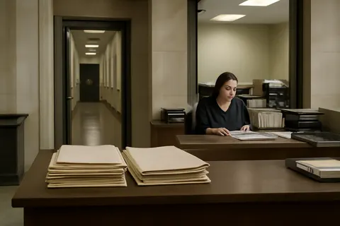 Quiet courthouse or legal-work setting with documents and civic architecture.
