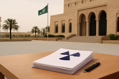Grounded editorial scene illustrating The agreement allows Saudi Arabia to develop its civil nuclear energy program with U.S. partnership, raising concerns about uranium enrichment and nuclear proliferation safeguards.