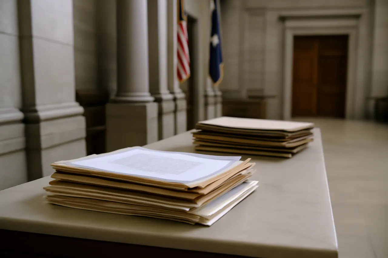 Quiet courthouse or legal-work setting with documents and civic architecture.