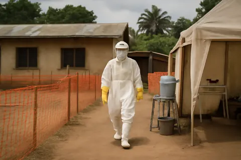 Grounded editorial scene illustrating The Ebola outbreak caused by the Bundibugyo virus has resulted in over 1,000 deaths, with cases primarily in the Democratic Republic of Congo and some in Uganda.
