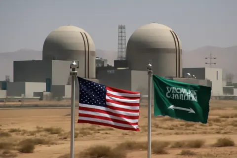 Grounded editorial scene illustrating The agreement aims to enhance US and regional security through high standards of nuclear safety and nonproliferation, while providing US firms significant access to Saudi Arabia's nuclear energy program.