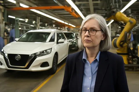 Grounded editorial scene illustrating Mary Lovely warns that increased car production in America due to tariffs may not translate into more jobs because of automation.