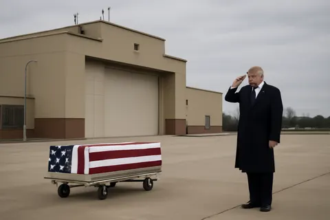 Grounded editorial scene illustrating President Donald Trump attended a dignified transfer ceremony for four U.S. service members killed overseas, calling them 'great heroes' and offering condolences to their families.