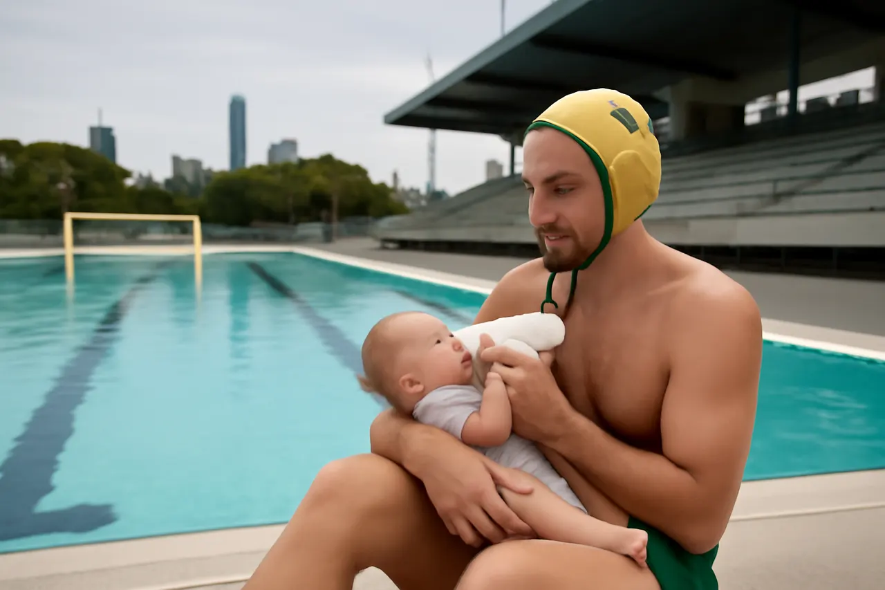 Grounded editorial scene illustrating Australian Sharks captain Nathan Power reflects on how fatherhood and paternity leave have influenced his outlook as he leads the team at the World Aquatics Water Polo World Cup in Sydney.