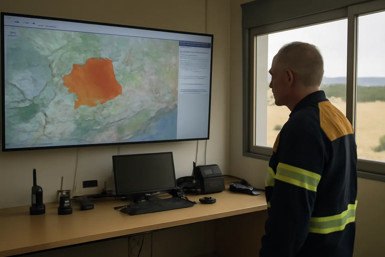 Grounded editorial scene illustrating Wildfires have scorched large areas in Spain and France as both countries face continued threats due to soaring temperatures and dry winds.