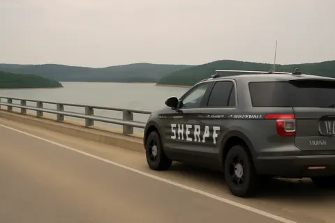 Grounded editorial scene illustrating Gavin Thor Lundgren led Stone County deputies on a high-speed chase before diving into Table Rock Lake in a dramatic escape attempt.
