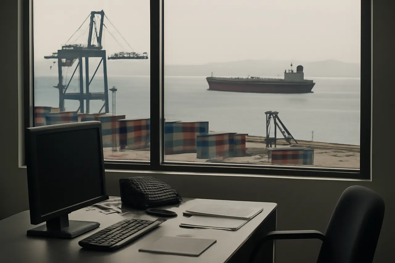 Industrial port worker overlooking bulk-material handling equipment and a cargo vessel.