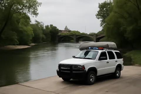 Grounded editorial scene illustrating Fred Marsh, a 24-year-old officer with the Rogers Police Department, drowned in Missouri’s Elk River while rescuing his fiancée just hours after proposing to her.