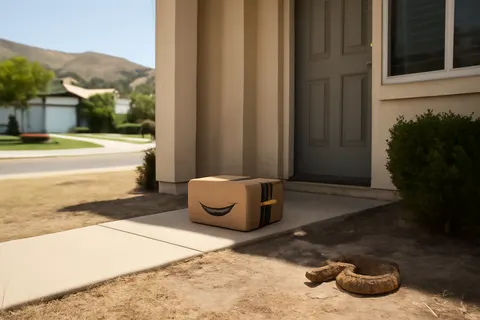 Grounded editorial scene illustrating A three-year-old girl in Santa Clarita was hospitalized after a rattlesnake bite while retrieving a package, highlighting a rise in snake incidents amid California heatwaves.