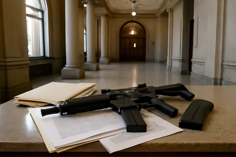 Quiet courthouse or legal-work setting with documents and civic architecture.