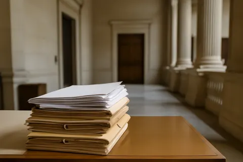 Quiet courthouse or legal-work setting with documents and civic architecture.