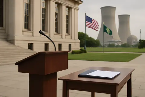 Grounded editorial scene illustrating Former President Donald Trump has approved a nuclear cooperation agreement with Saudi Arabia, raising concerns about a potential nuclear arms race in the Middle East.