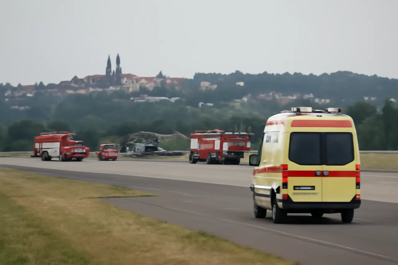 Grounded editorial scene illustrating A Czech army Venom helicopter carrying five troops crashed at the Namest nad Oslavou Air Force base, with emergency services responding to the scene.