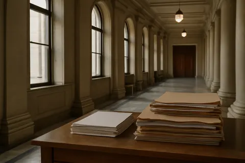 Quiet courthouse or legal-work setting with documents and civic architecture.
