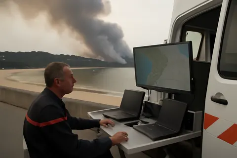 Grounded editorial scene illustrating Wildfires in France's Gironde region have led to large-scale evacuations, while Spain and Italy also face severe fire outbreaks amid rising temperatures and strong winds.