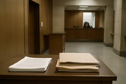 Quiet courthouse or legal-work setting with documents and civic architecture.