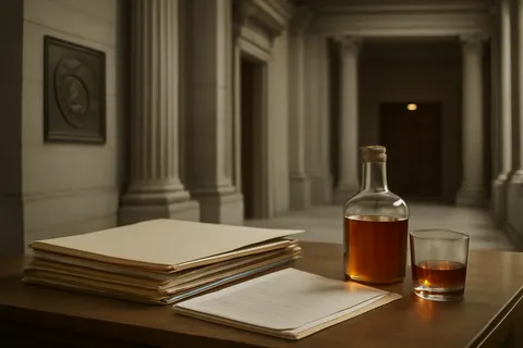 Quiet courthouse or legal-work setting with documents and civic architecture.