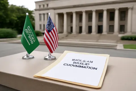 Grounded editorial scene illustrating The agreement is linked to Saudi Arabia's potential accession to the Abraham Accords, according to former President Trump.