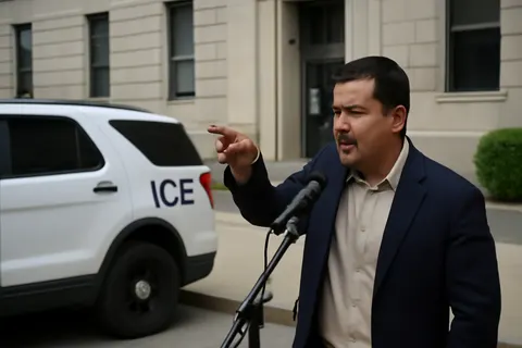Grounded editorial scene illustrating Lawmaker Enrique Sanchez escalates his criticism of ICE by threatening a 'day of reckoning' in a profane social media post.