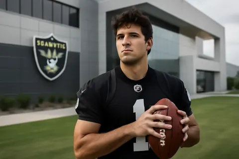 Grounded editorial scene illustrating The 2026 first overall NFL draft pick Fernando Mendoza officially begins his era with the Raiders, while veteran Kirk Cousins retains the starting quarterback role heading into camp.