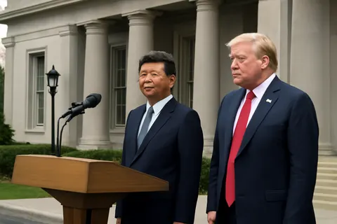 Grounded editorial scene illustrating President Donald Trump revealed that Chinese President Xi Jinping will visit the United States on September 24, with artificial intelligence dominance expected to be a key topic of discussion.