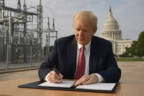 Grounded editorial scene illustrating Donald Trump announced the expansion of the voluntary Ratepayer Protection Pledge, aiming to prevent US consumers from bearing the energy costs of AI datacenter growth, amid criticism over its effectiveness.